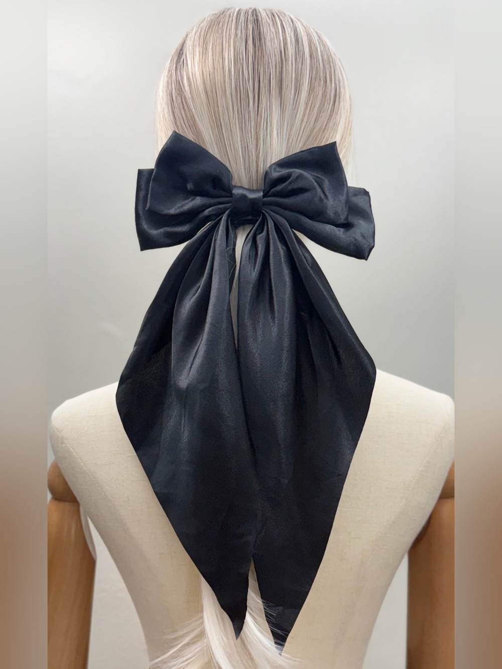 New Oversized Black Satin Bow Hair Barrette Long Tail Statement Clip